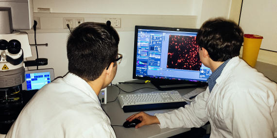 Picture of two people in white coats working on a computer screen with microscopy images