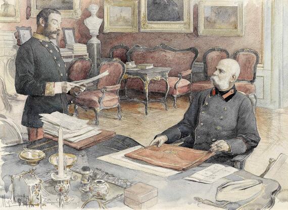 Historische Abbildung von Kaiser Franz Joseph an seinem Schreibtisch